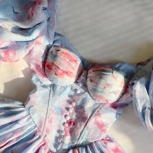 Adeirlina Here Comes the Sun Puff Sleeve Blue Floral Corset Mini Dress